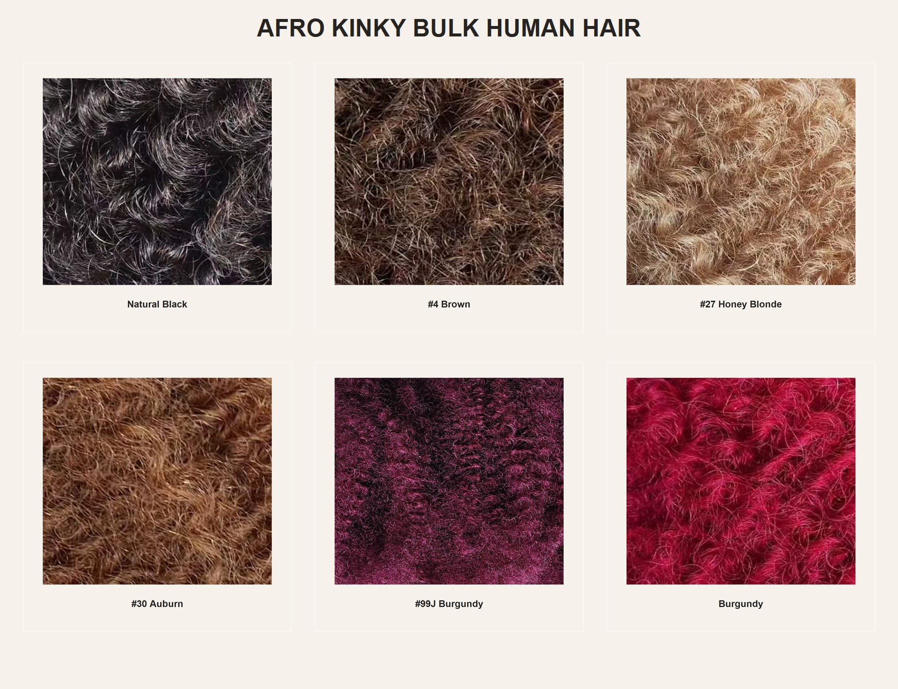 Afro Kinky bulk human hair color collection in six shades