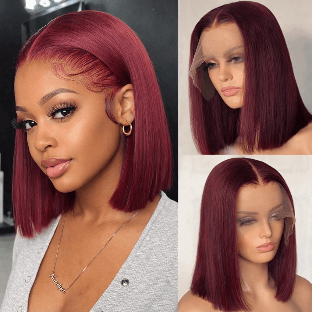 Brazilian 100% Virgin Human Hair Straight Bob 99J 13x4 Lace Front Wigs for Black Women