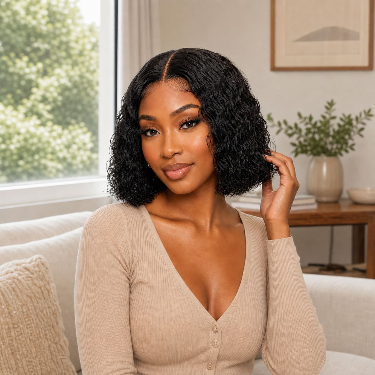 Natural Black Water Wave Bob Wig | Middle Part Glueless HD Lace Human Hair | Pre-Cut Ready to Wear